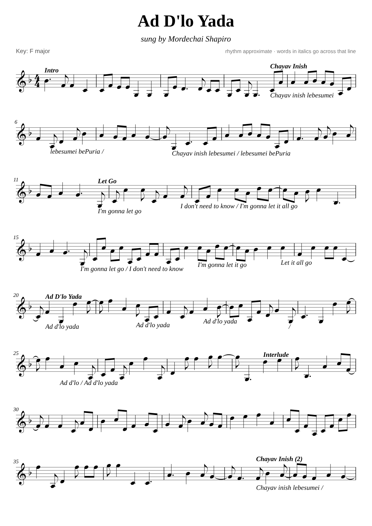 Ad D'lo Yada sheet music page 1