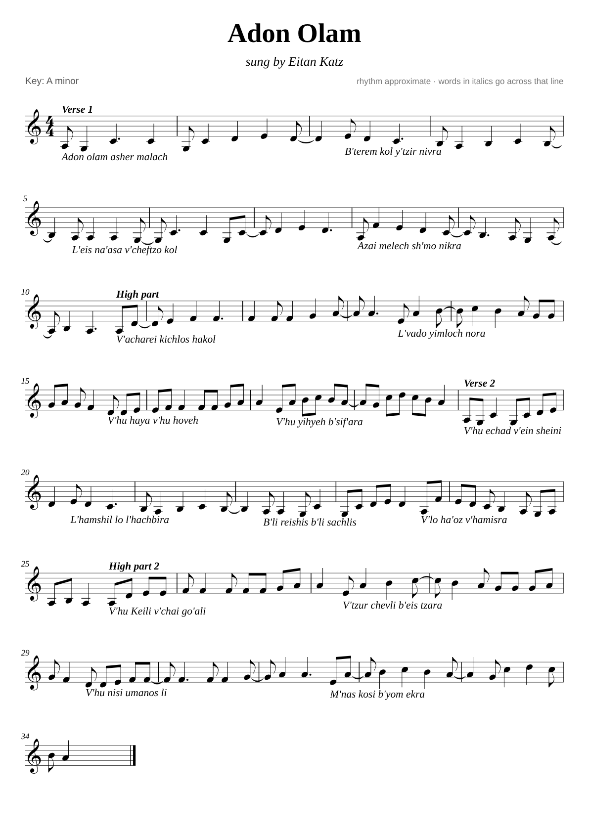 Adon Olam sheet music page 1