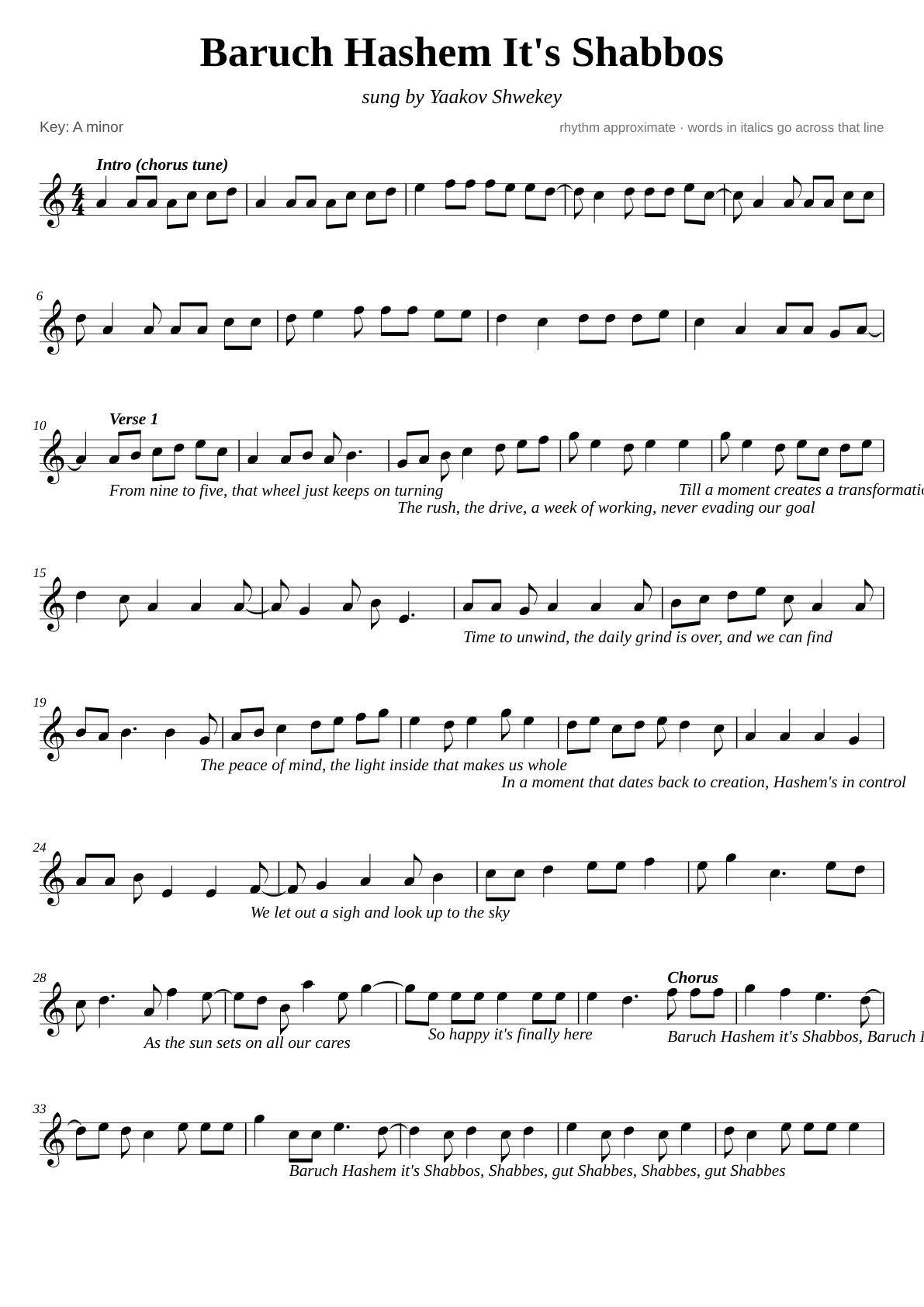 Baruch Hashem Its Shabbos sheet music page 1