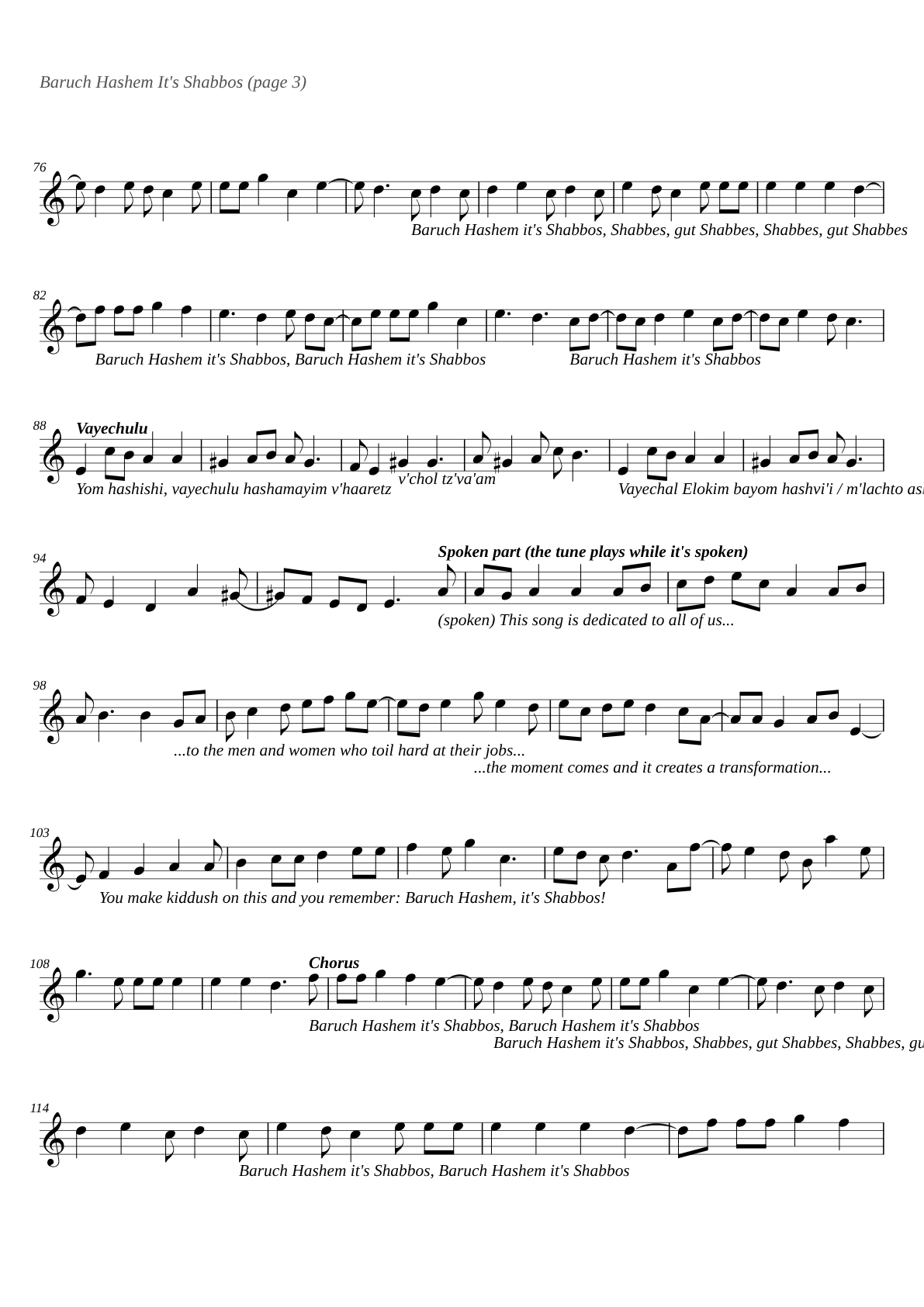Baruch Hashem Its Shabbos sheet music page 3