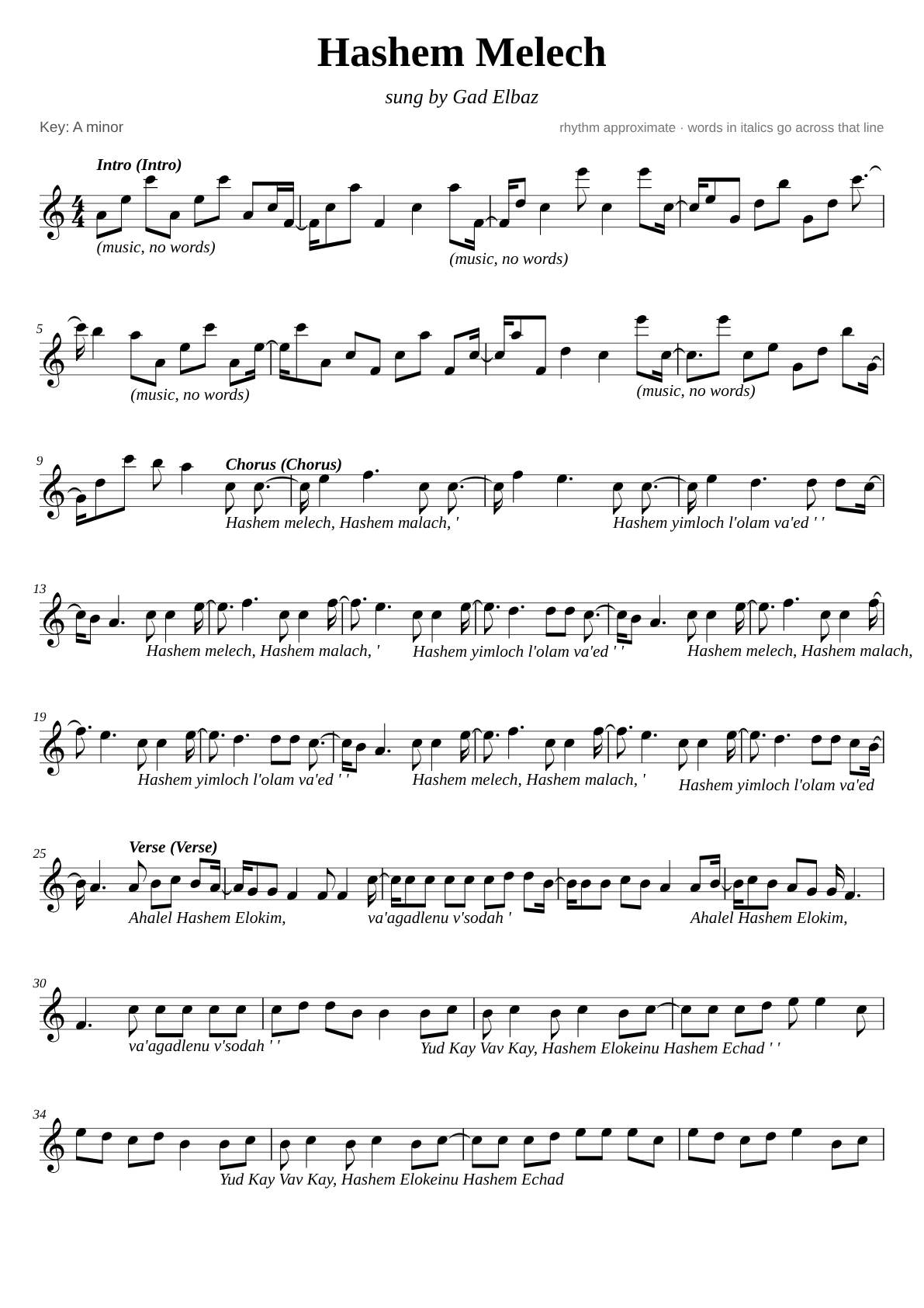 Hashem Melech sheet music page 1