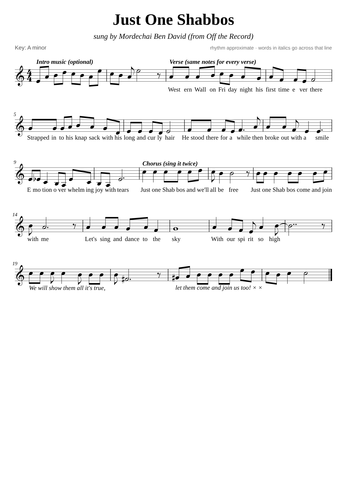 Just One Shabbos sheet music page 1
