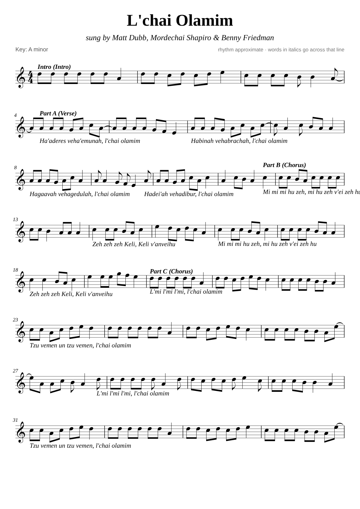 L'chai Olamim sheet music page 1