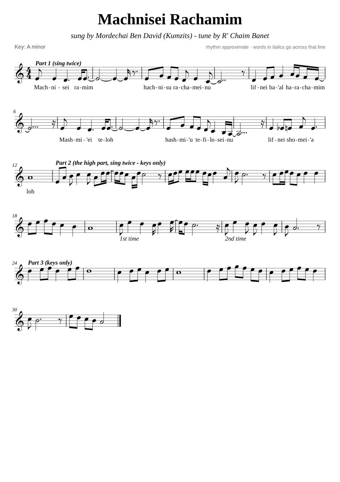 Machnisei Rachamim sheet music page 1