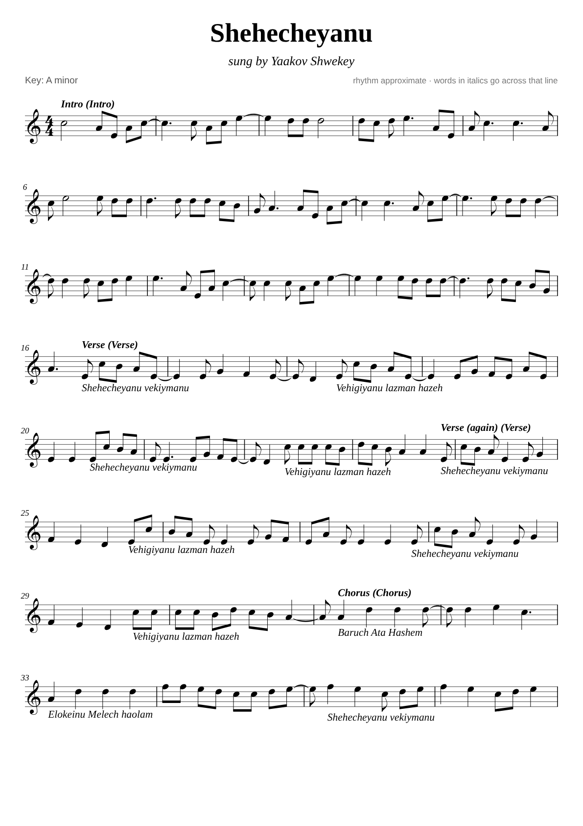 Shehecheyanu sheet music page 1
