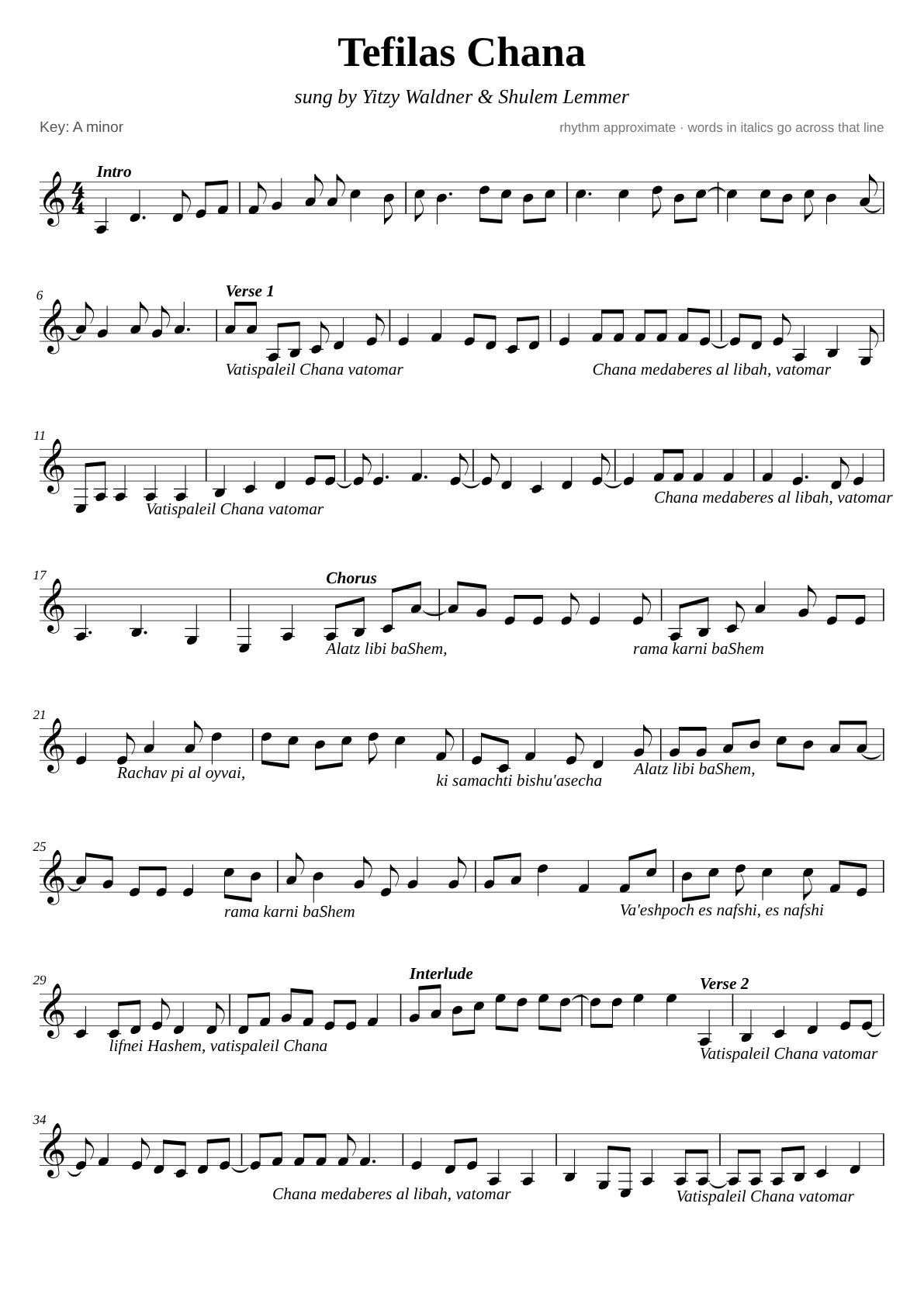 Tefilas Chana sheet music page 1