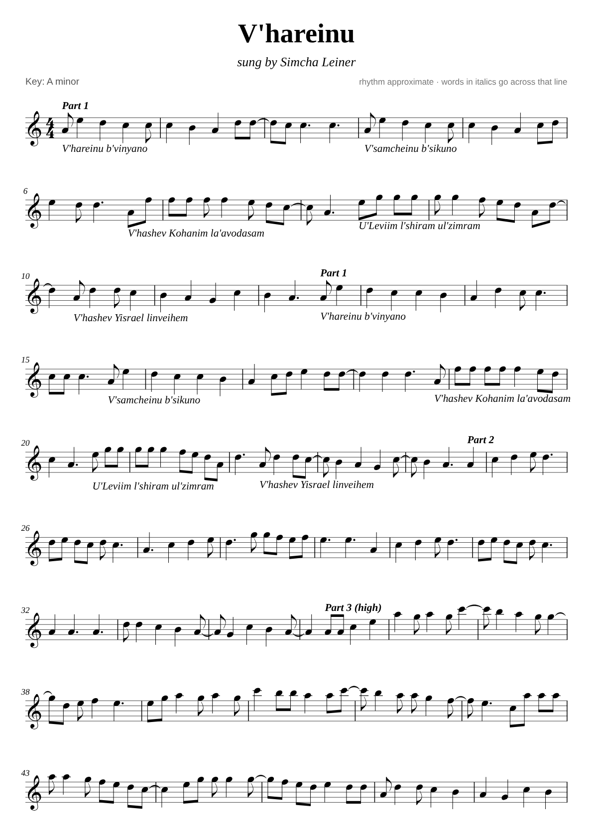 V'hareinu sheet music page 1